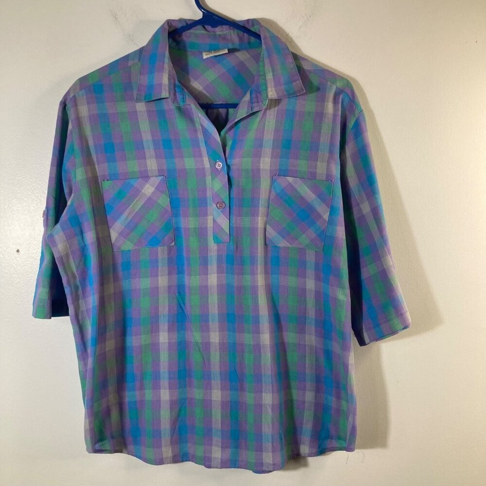 Womens Vintage Look At Me V Neck‎ Top Pullover Purple Blue Check 16